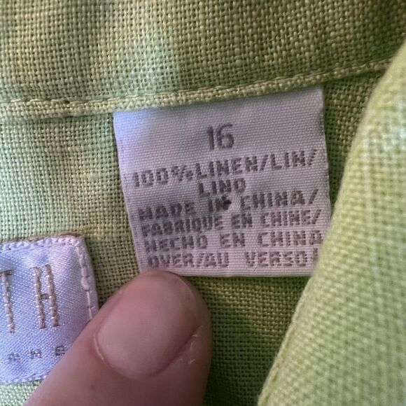 Elisabeth Women's Size 16 Button Up Shirt 100% Linen Long Sleeves Lime Green - Picture 6 of 9